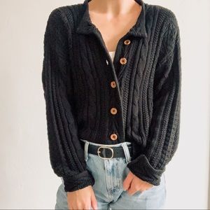 L.L. Bean Black Cable Knit Button Cardigan Sweater